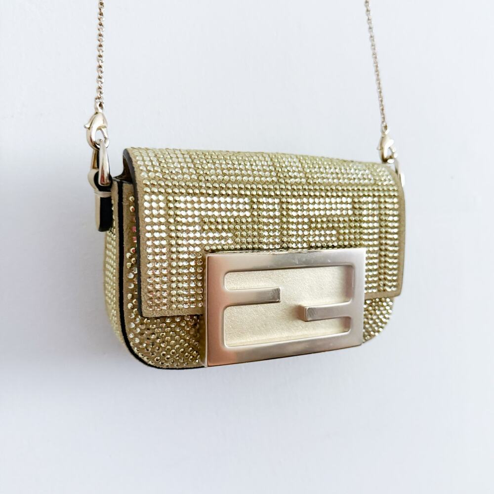 Fendi Crystal Vitello Laminato FF Nano Maxi Buckle Baguette Charm Light Gold - Picture 16 of 16
